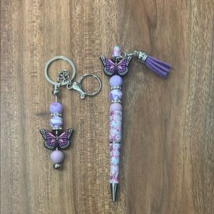 Hand Crafted Purple Butterfly Keychain and Pen Set